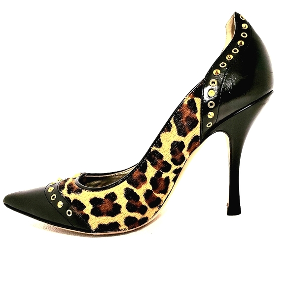 🐆EUC Gorgeous Leopard Print Heels W/Black Leather & Cool Studs By DSQUARED🐆 - Picture 4 of 13